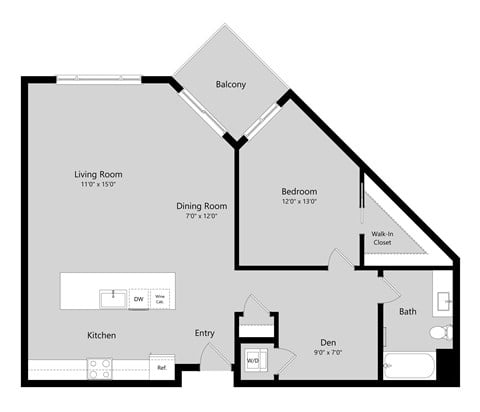 Floor plan for 1 bed, 1 bath, 1021 sqft